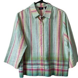 WESTBOUND Essentials Bright Pastel Plaid Linen Lagenlook Blouse Size 16 Petite